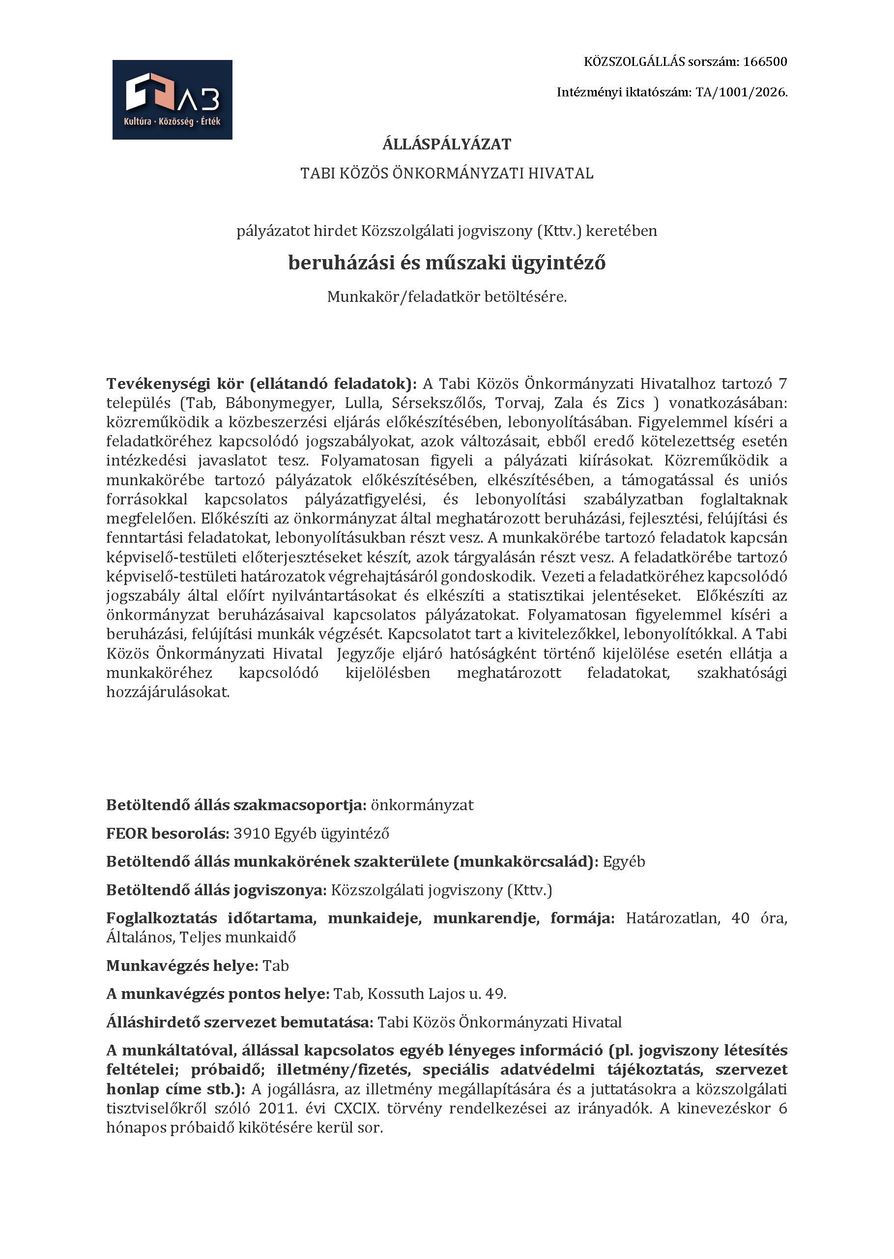Álláshírdetés - Beruházási és műszaki ügyintéző